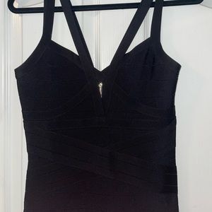 bebe black body con dress with multiple straps outline